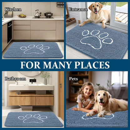 OLANLY Dog Door Mat - Absorbent Muddy Paws Doormat | Non-Slip, Quick Dry Chenille, 32x20, Airy Blue & White
