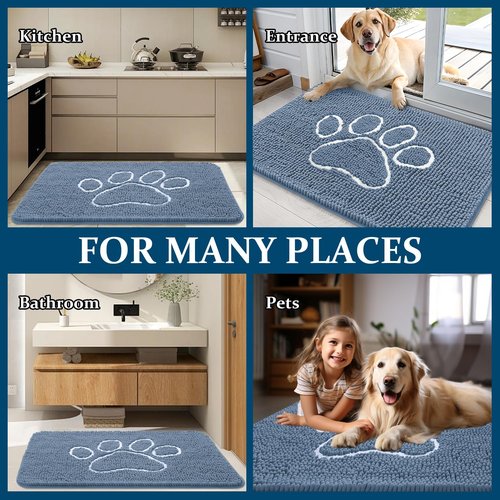 OLANLY Dog Door Mat for Muddy Paws 35x24, Paw Print Design, Absorbs Moisture and Dirt, Non-Slip Washable Doormat, Quick Dry Chenille Mud Mat, Entry Indoor Entryway Carpet, Airy Blue and White