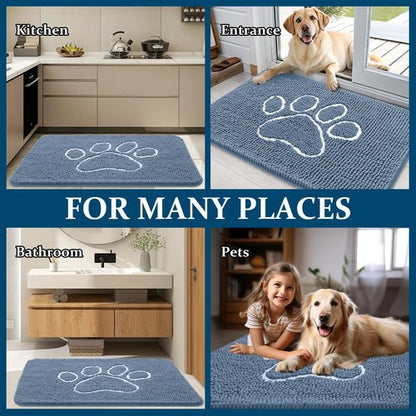 OLANLY Dog Door Mat for Muddy Paws 35x24, Paw Print Design, Absorbs Moisture and Dirt, Non-Slip Washable Doormat, Quick Dry Chenille Mud Mat, Entry Indoor Entryway Carpet, Airy Blue and White
