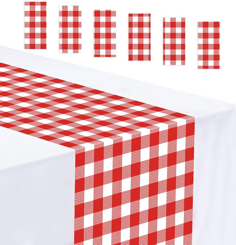 6 Pcs Red Gingham Table Runner – Disposable Plastic 14x108in, 6 Count, Variation: Red Gingham Table Runner+6 PCS