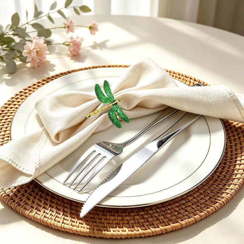 Dragonfly Napkin Rings Set of 6 - Gold Tone Napkin Holders for Fall & Holiday Tables