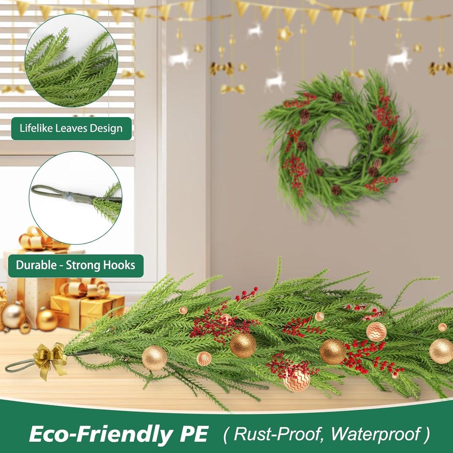 Norfolk Pine Garland - 9 Ft Realistic Faux Pine for Christmas Decor | Perfect for Mantle & Table