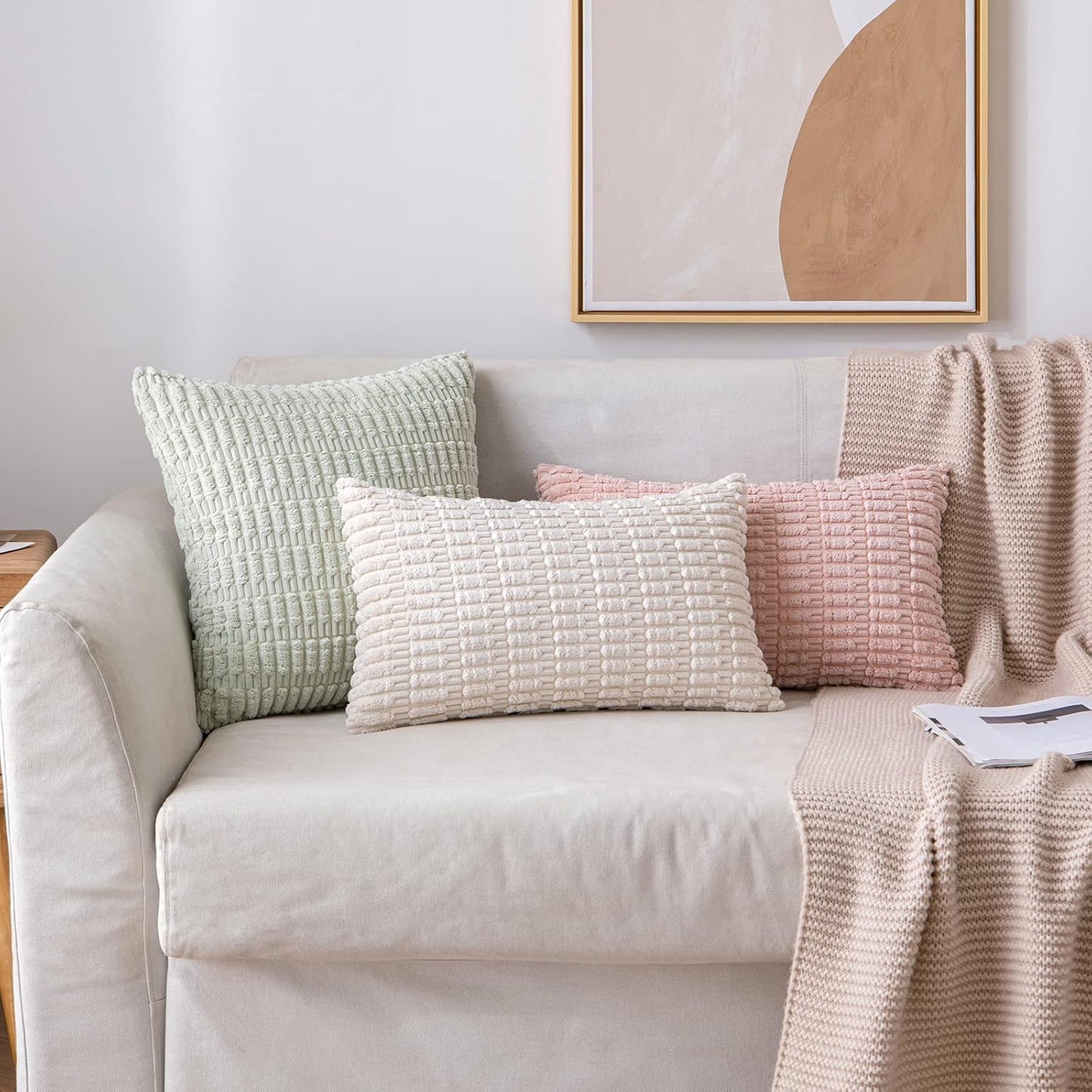 MIULEE Corduroy Lumbar Throw Pillow Covers - Soft Boho Striped Design | 22x14 Inch Cream White for Modern Home Decor