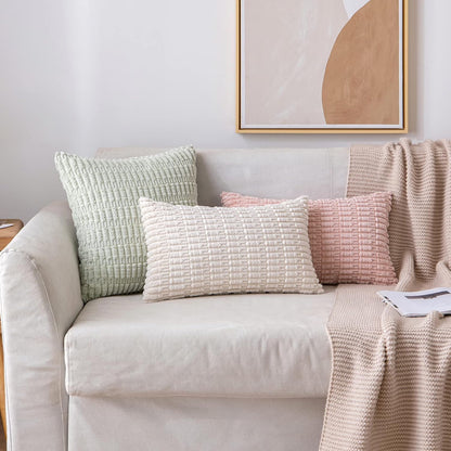 MIULEE Corduroy Lumbar Throw Pillow Covers - Soft Boho Striped Design | 22x14 Inch Cream White for Modern Home Decor