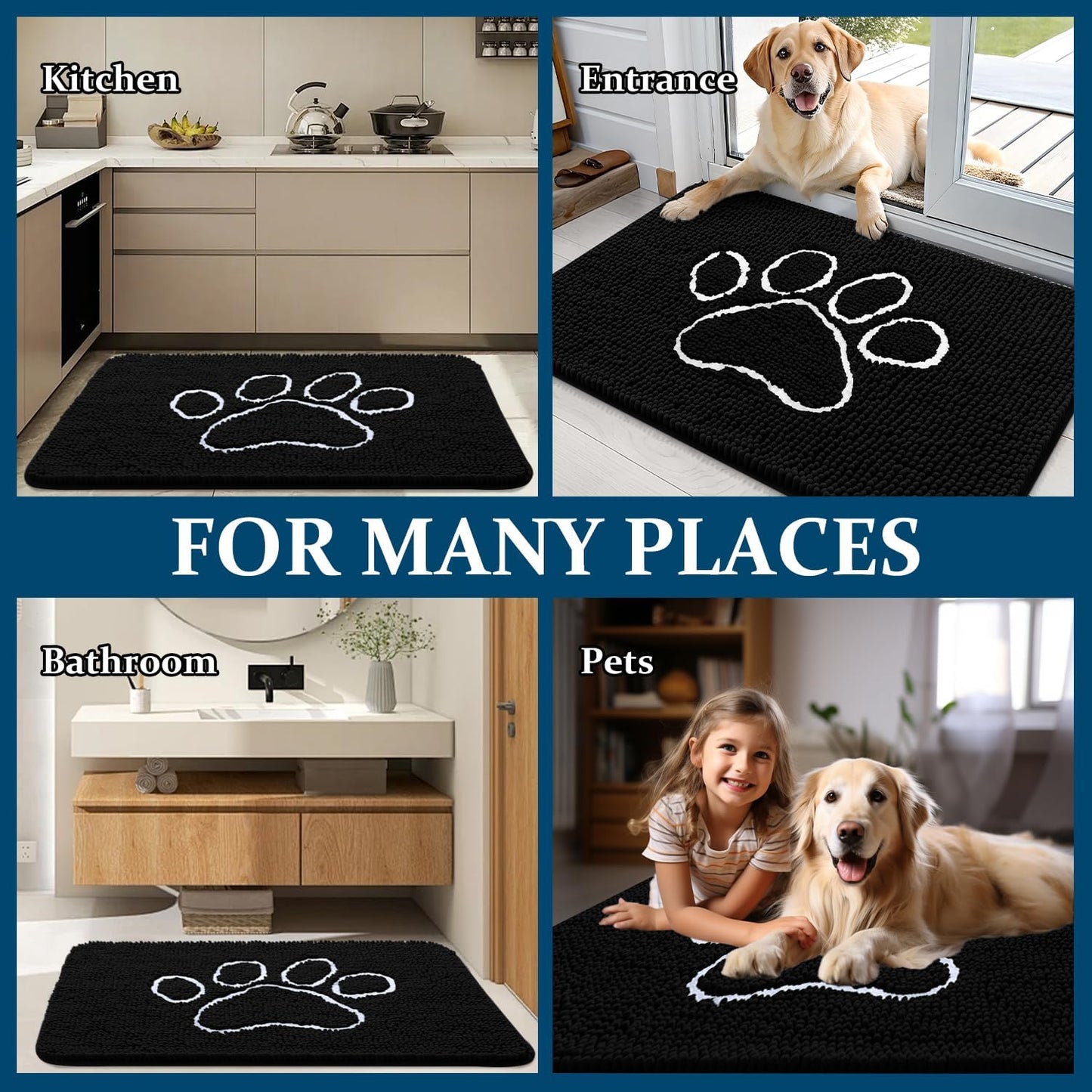 OLANLY Dog Door Mat - Absorbent Non-Slip Mud Mat for Paws | 45x27 Inches, Quick Dry Chenille, Black