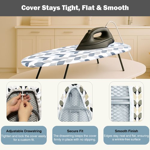 UniSimp Small Ironing Board Cover and Pad 12"x32" Small Iron Board Cover with Padding,Tabletop Mini Ironing Board Cover and Pad Small Size, Cotton Canvas, Heat Resistant, Drawstring Closure Foliage