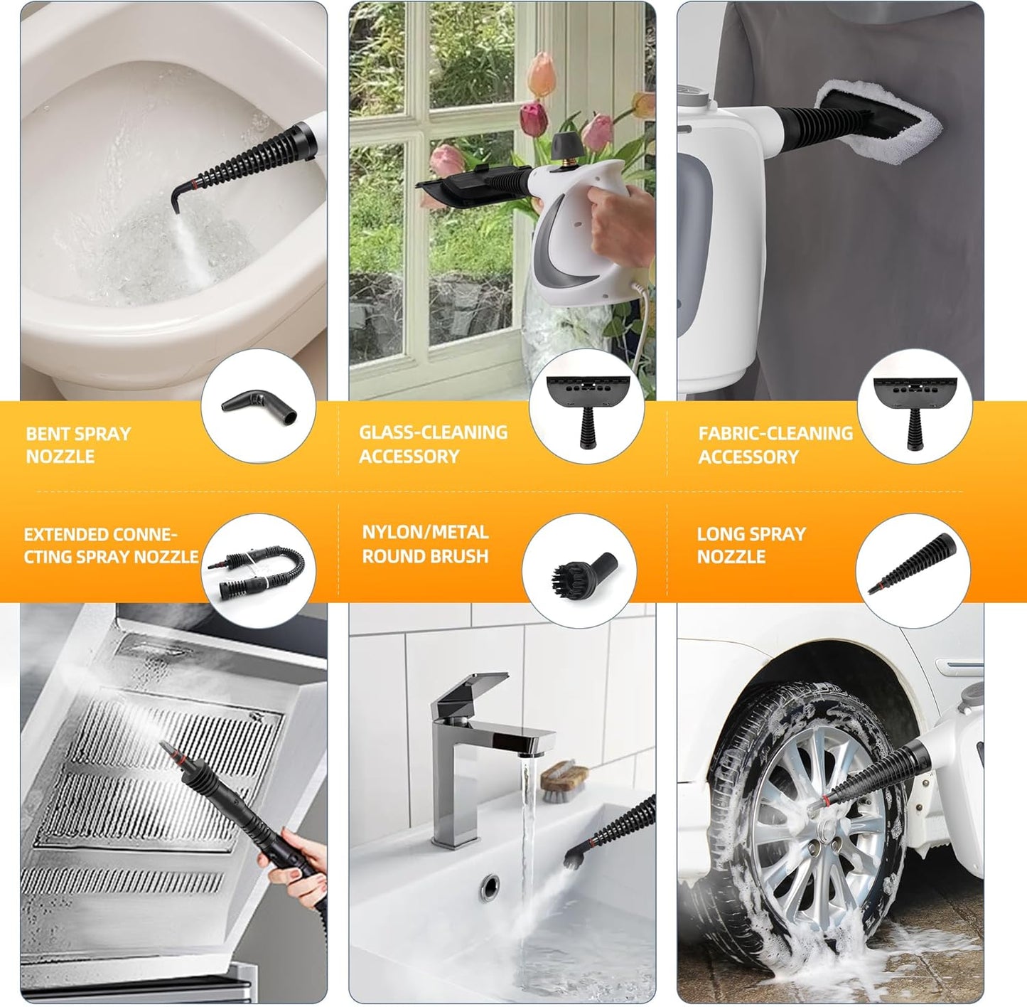 Spurgehom Handheld Multi-Surface Steam Cleaner with 11-Pc Accessories & Safety Lock – Dirty-Free, 550ML Large Capacity Steamer for Floors, Upholstery, Cars, and Home Use