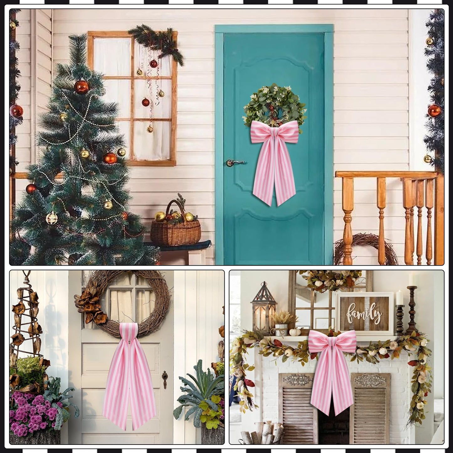 Skiennix Wreath Sash - 2 Pack Boxwood Garland for Front Door Decor | Pink and White Stripe
