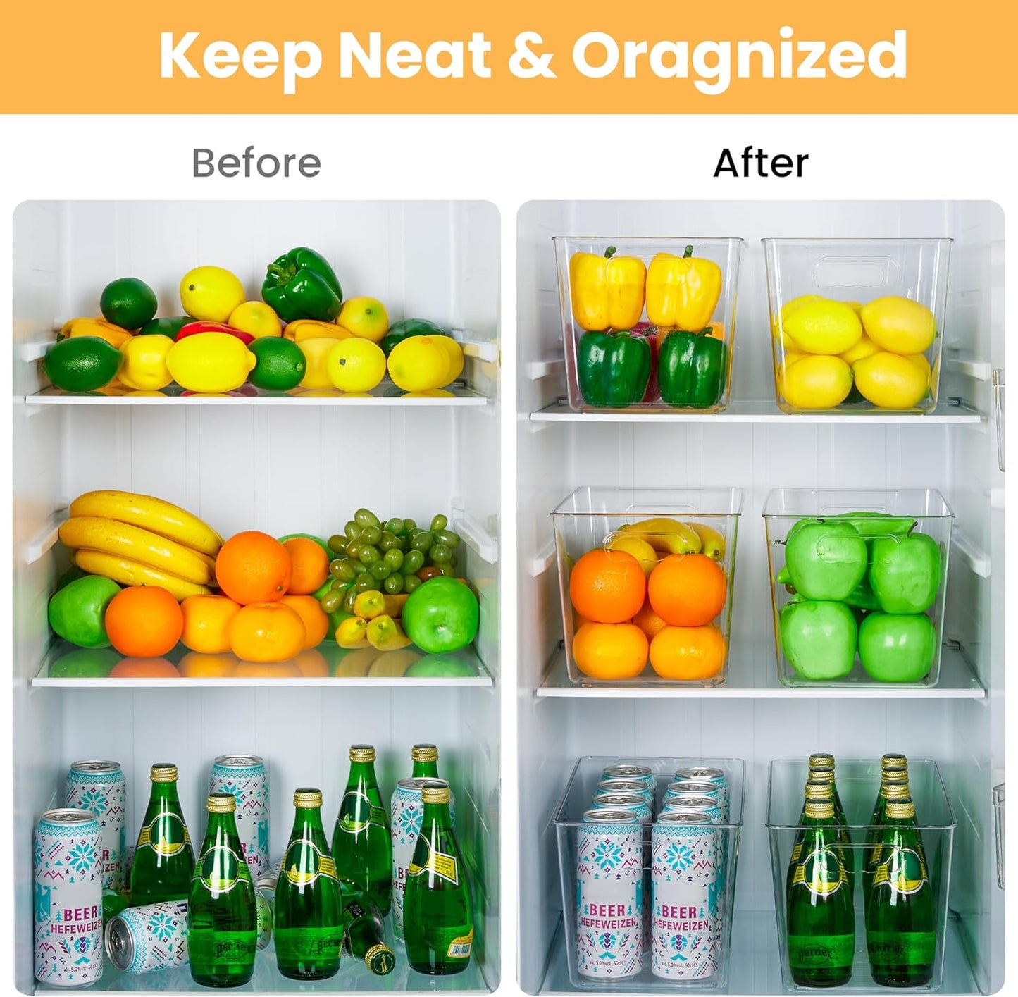 YIHONG Clear Pantry Organizer Bins - 10 Pack Plastic Storage Containers with Handles for Kitchen & Bathroom