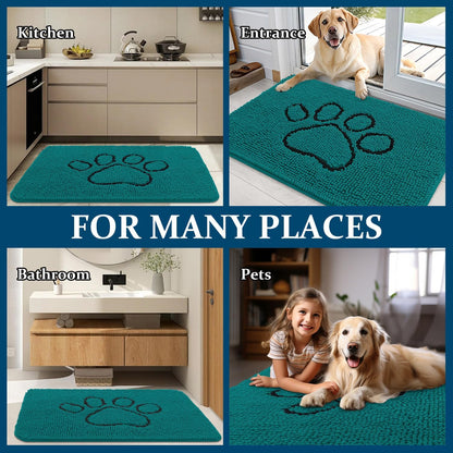 OLANLY Dog Door Mat - Absorbent Non-Slip Mud Mat for Muddy Paws | 36x24 Paw Print Design in Lake Blue