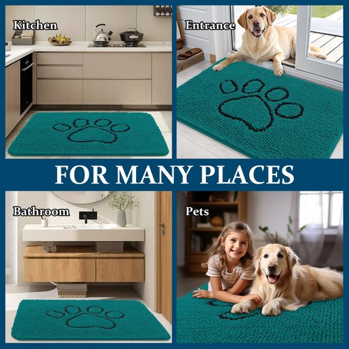 OLANLY Dog Door Mat for Muddy Paws 48x30, Paw Print Design, Absorbs Moisture and Dirt, Absorbent Non-Slip Washable Doormat, Quick Dry Chenille Mud Mat for Dogs, Entry Indoor Entryway Carpet, Lake Blue
