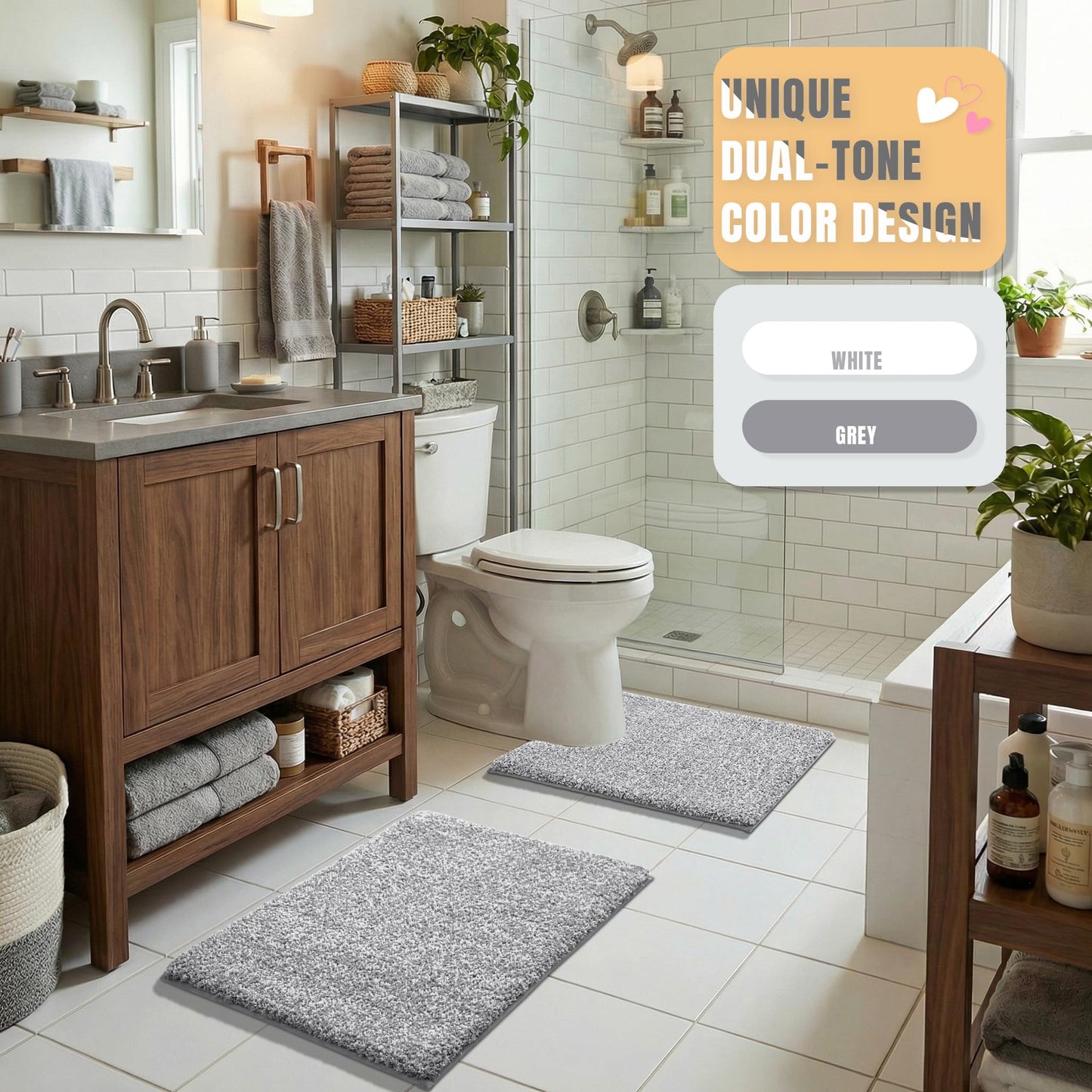 Yimobra Anti-Fatigue Non Slip Bathroom Rugs – Cushioned Dense Elastic Microfiber Bath Mat for Pressure Relief, Comfort for Tired Feet, Soft Absorbent Machine Washable, 24" x 17", Grey and White