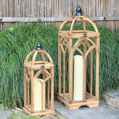 DECORKEY Large Wooden Lantern Set - Rustic Indoor & Outdoor Candle Holders | 30’’/20’’H, Natural Wood Finish