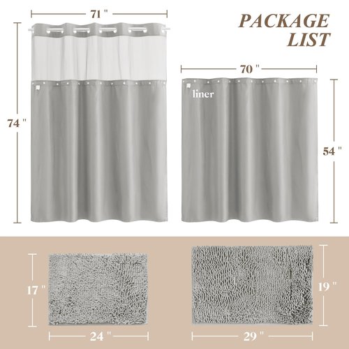 Barossa Design No Hook Shower Curtain Sets with Rugs - Gray Bathroom Rugs Sets 2 Piece and Snap in Liner Bathroom Curtains, Light Grey
