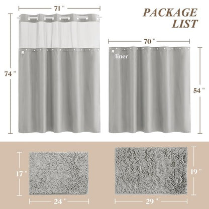 Barossa Design No Hook Shower Curtain Sets with Rugs - Gray Bathroom Rugs Sets 2 Piece and Snap in Liner Bathroom Curtains, Light Grey