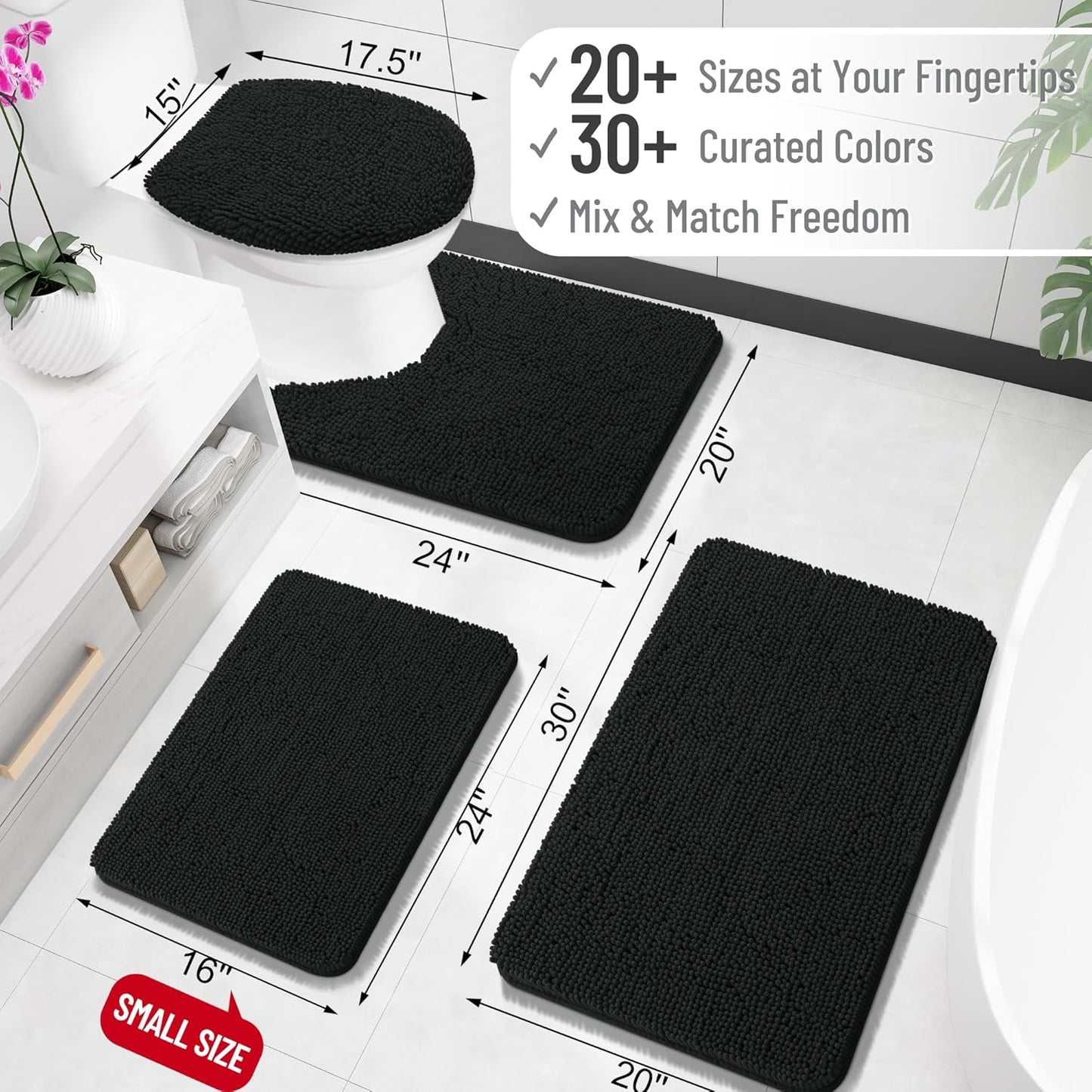 OLANLY Bathroom Rugs - Extra Soft Chenille Bath Mats with Rubber Backing | 24x16, Quick Dry, Machine Washable, Black
