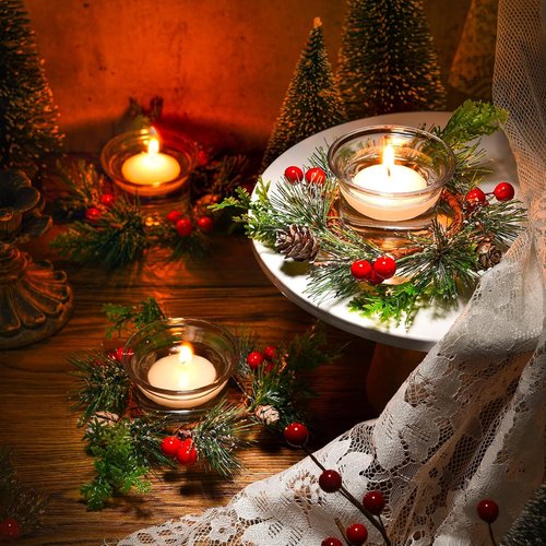 Dingion 12-Piece Christmas Votive Candle Holder Set - Decorative Glass Tealight Holders with Berry Rings for Holiday Table Centerpiece