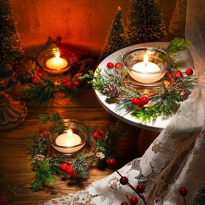 Dingion 12-Piece Christmas Votive Candle Holder Set - Decorative Glass Tealight Holders with Berry Rings for Holiday Table Centerpiece