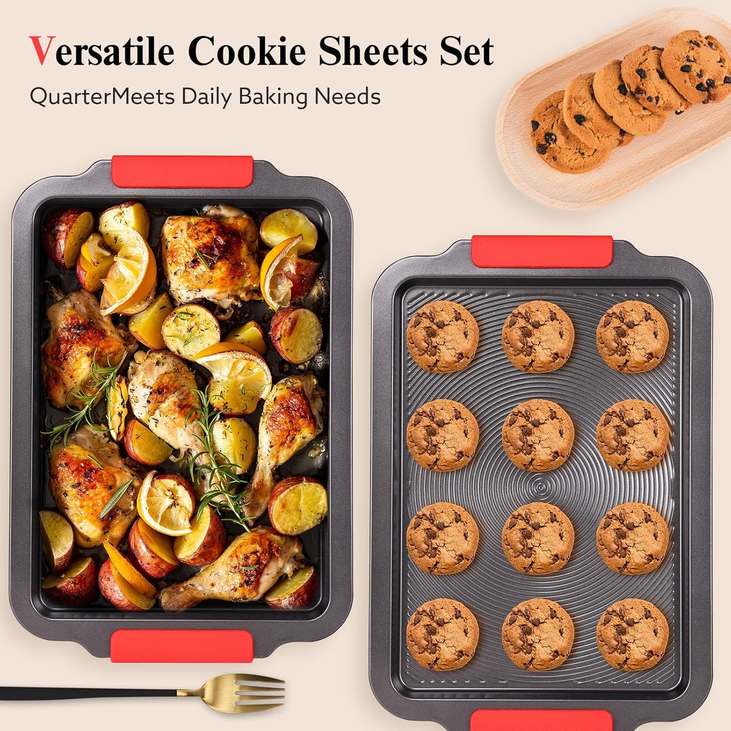 Skiennix Nonstick Baking Sheet - 16x11in Cookie Pan with Circle Grooves & Red Grips | PFAS/PTFE Free, Gray