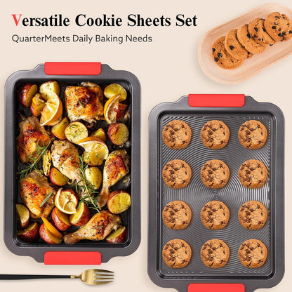 Skiennix Nonstick Baking Sheet - 16x11in Cookie Pan with Circle Grooves & Red Grips | PFAS/PTFE Free, Gray