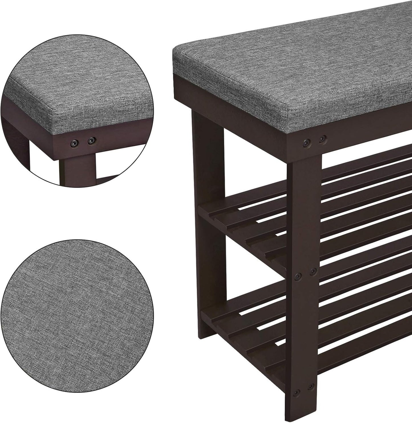 SONGMICS Bamboo Shoe Bench - 3-Tier Shoe Rack Organizer for Entryway | Holds Up to 300 lb, Rustic Walnut & Slate Gray, 11.9 x 28.3 x 19.2 Inches