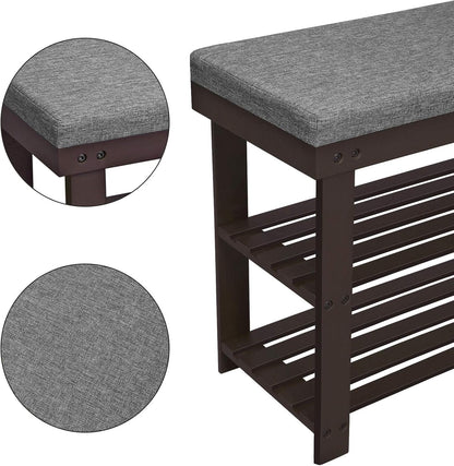 SONGMICS Bamboo Shoe Bench - 3-Tier Shoe Rack Organizer for Entryway | Holds Up to 300 lb, Rustic Walnut & Slate Gray, 11.9 x 28.3 x 19.2 Inches