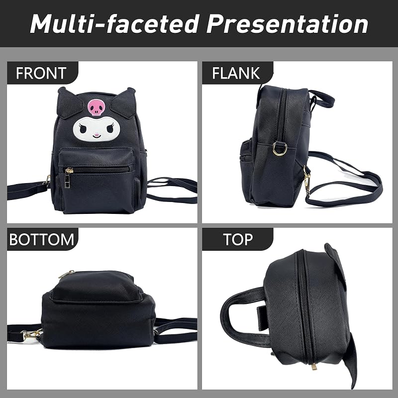 Umini Cute Cartoon Crossbody Backpack - Black, Adjustable Strap, Small PU Leather Bag