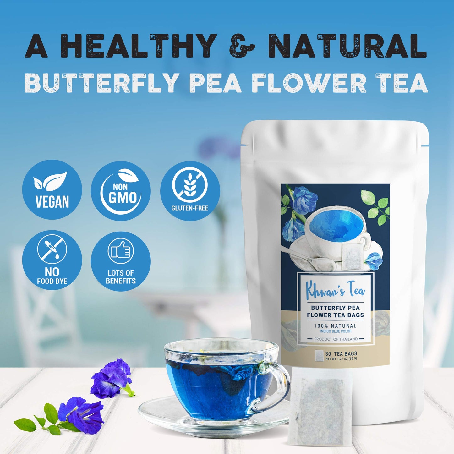 KHWAN'S TEA Pure Butterfly Pea Flower Tea 30 Bags, Blue Clitoria Ternate Flower Herbal Loose Leaf Tea, Origin in Thailand