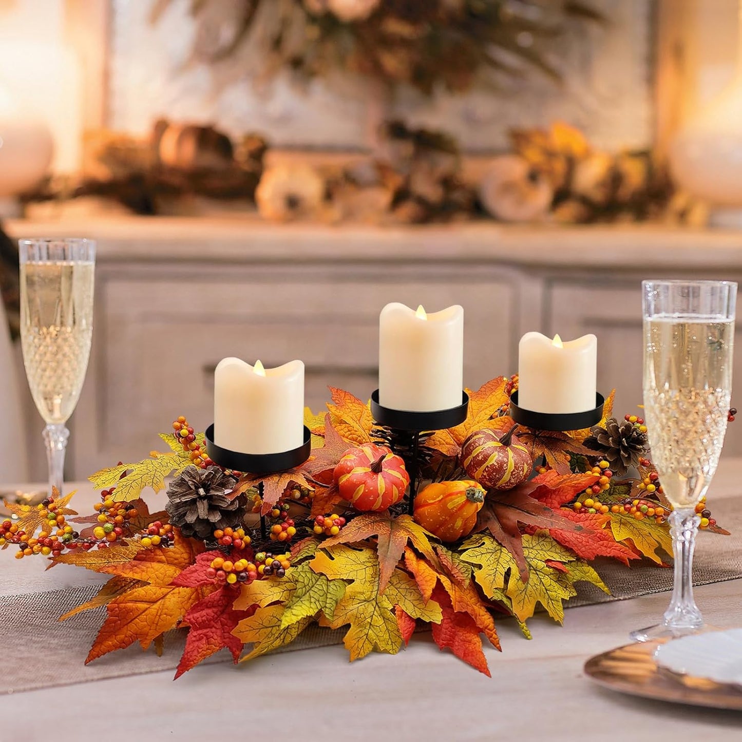Thanksgiving Centerpiece - Artificial Gourd, Pumpkins, Pine Cones & Maple Leaves | Harvest Table Decor
