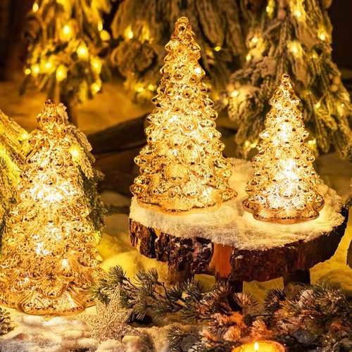 KI Store Lighted Glass Christmas Tree Figurine Set - Timer-Operated Mercury Glass Decor | 3-Piece Centerpiece