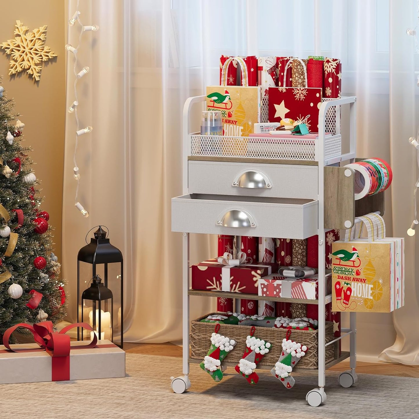 Rolling Craft Storage Cart - Multi-Tier Organizer with 2 Fabric Drawers & Lockable Wheels | 16.54x11.4x32.68 Inches