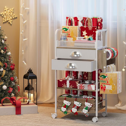 Rolling Craft Storage Cart - Multi-Tier Organizer with 2 Fabric Drawers & Lockable Wheels | 16.54x11.4x32.68 Inches