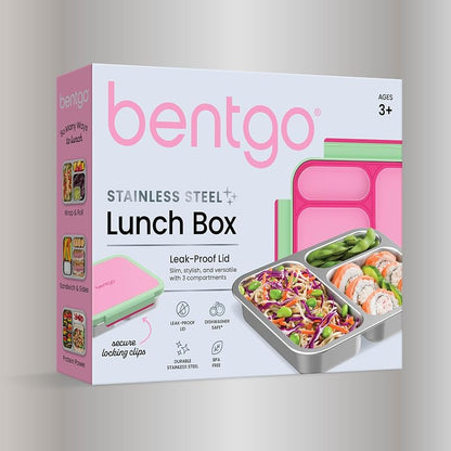 Bentgo Stainless Steel Lunch Box with 3 Compartments, 4.3 Cup Capacity, Leak-Proof Lid - Strawberry