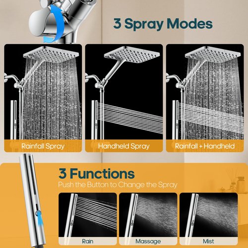 Hombeter Hombeter High Pressure Rain Shower Head with Handheld Combo, 10 Inch Square Rainfall Showerhead, Adjustable Slide Bar Dual Shower System, 3 Spray Modes, 59" Stainless Steel Hose,Chrome
