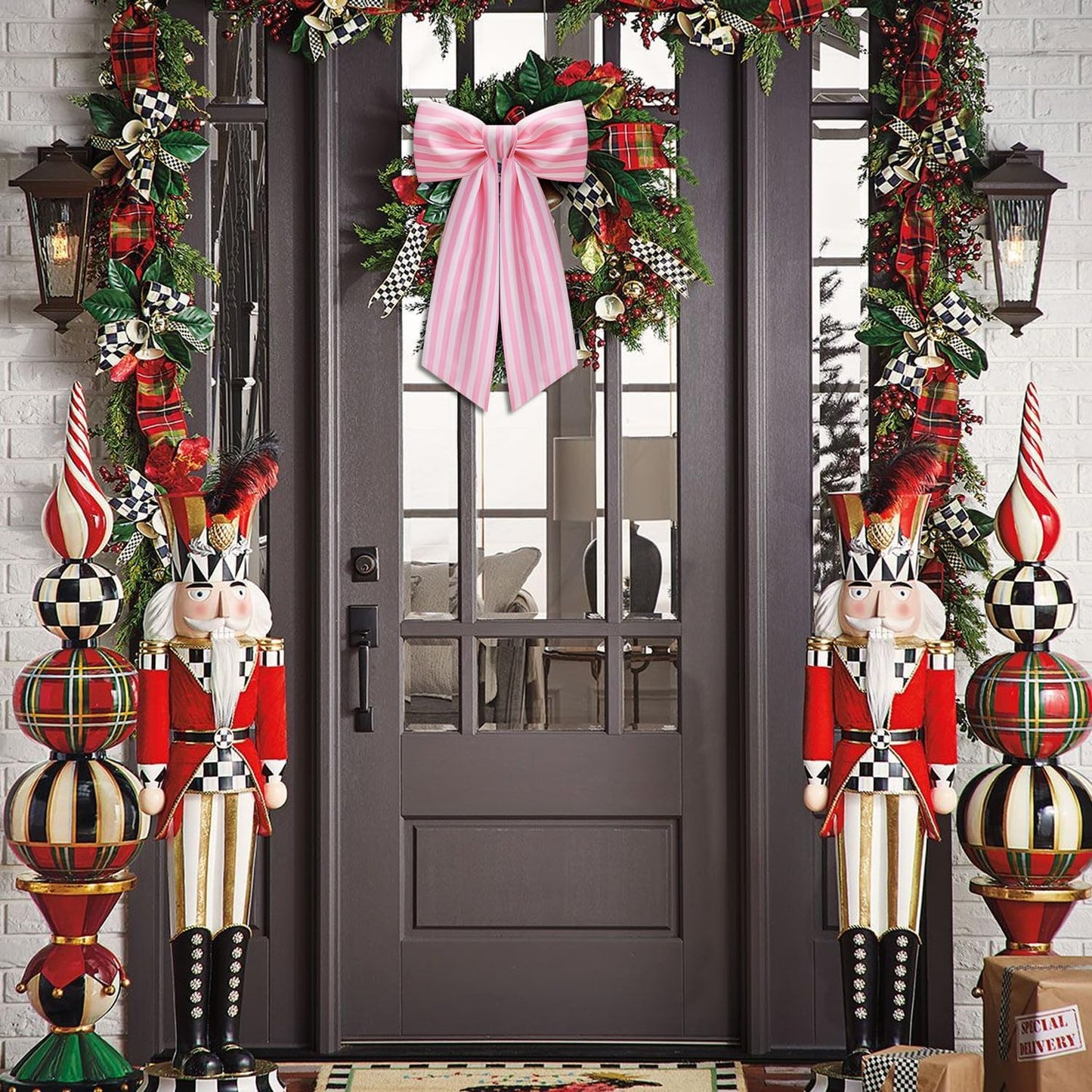 Skiennix Wreath Sash - 2 Pack Boxwood Garland for Front Door Decor | Pink and White Stripe