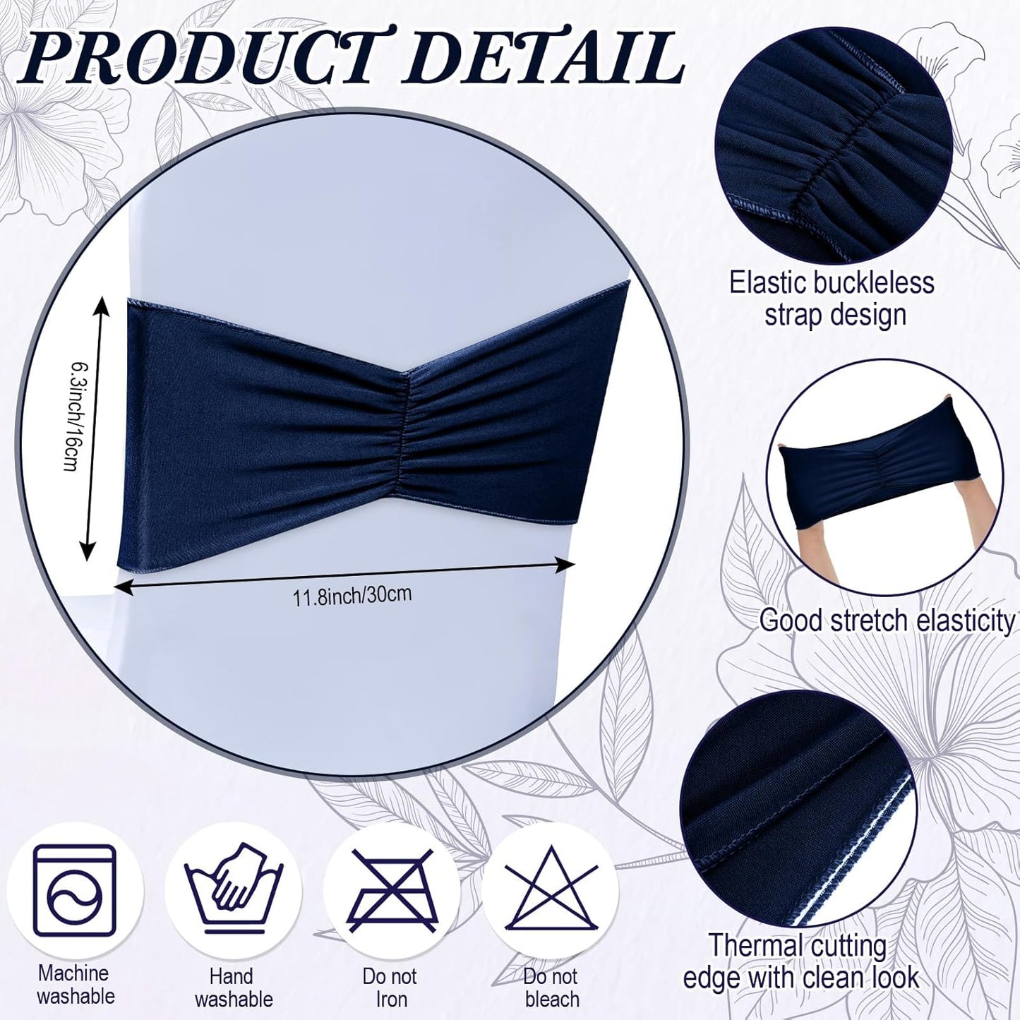Moukeren Spandex Chair Sashes - 50 Pcs Elastic Ties for Weddings & Events | Navy Blue
