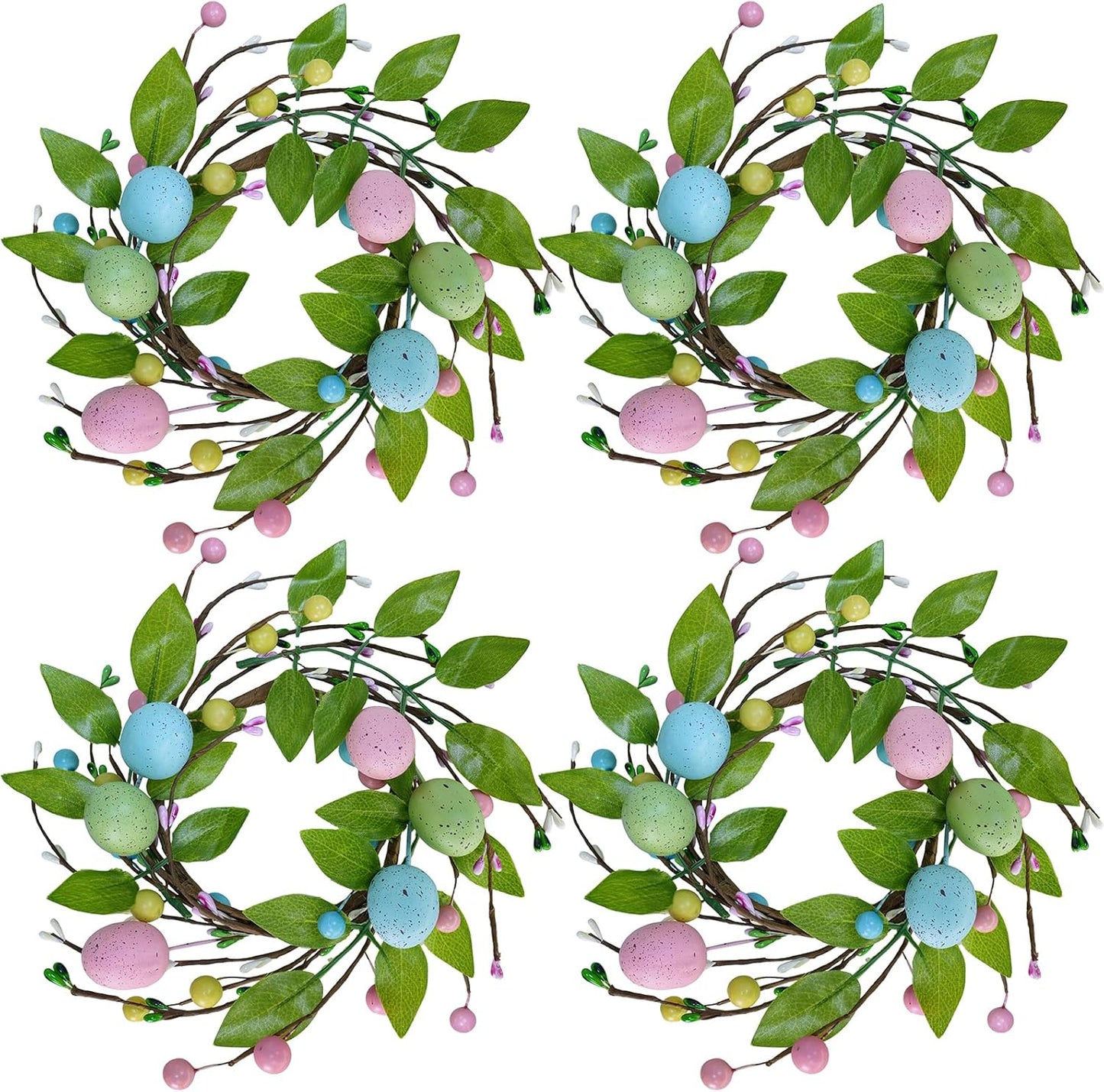 Winlyn Easter Egg Candle Rings - 4 Pcs Spring Wreaths with Pastel Eggs & Foliage | 11" Table Centerpiece Decor