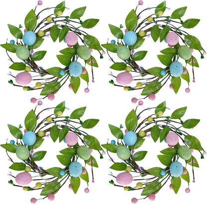 Winlyn Easter Egg Candle Rings - 4 Pcs Spring Wreaths with Pastel Eggs & Foliage | 11" Table Centerpiece Decor