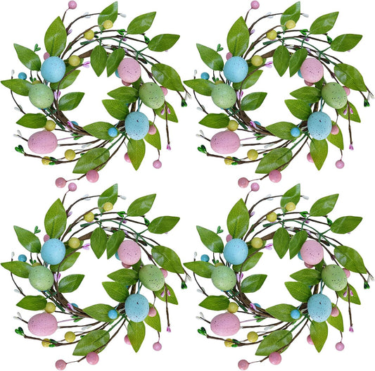 Winlyn Easter Egg Candle Rings - 4 Pcs Spring Wreaths with Pastel Eggs & Foliage | 11" Table Centerpiece Decor