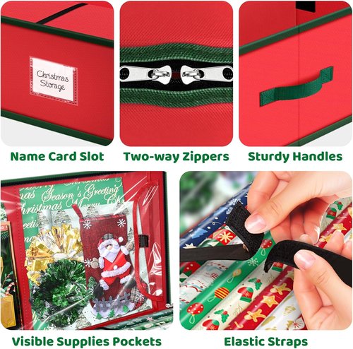 Fabspace Christmas Wrapping Paper Storage Organizer - 40 Inch Gift Wrap Container with Visible Pockets - Red
