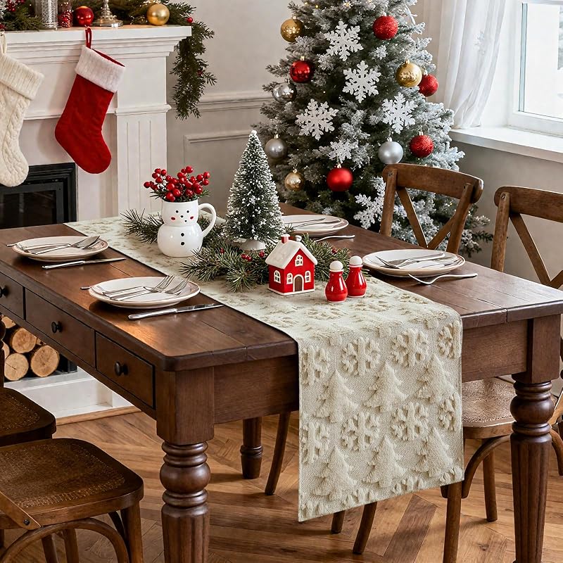 Christmas Table Runner 13x60 Inch Beige with 3D Tree & Snowflake Pattern – Faux Fur, Indoor/Outdoor Farmhouse Decor (Variation: Beige+Table Runner, 13" x 60")