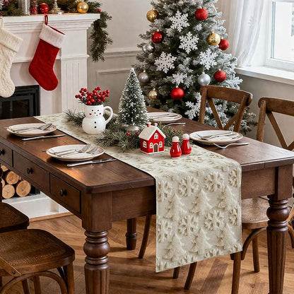 Christmas Table Runner 13x60 Inch Beige with 3D Tree & Snowflake Pattern – Faux Fur, Indoor/Outdoor Farmhouse Decor (Variation: Beige+Table Runner, 13" x 60")