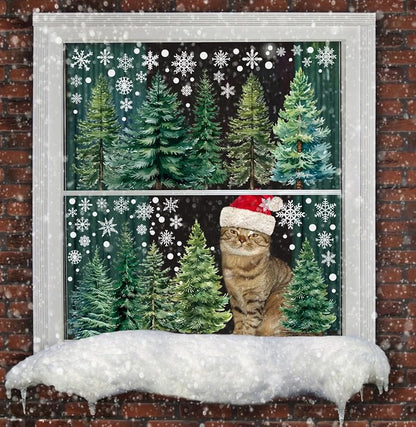 Christmas Window Clings Set – 294 PVC Snowflake & Tree Decorations (8 Sheets)