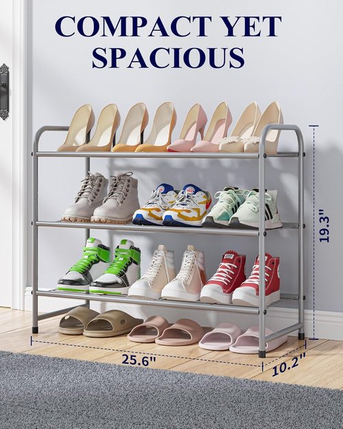 Kitsure Shoe Rack - Sturdy Stainless Steel Organizer for Closet & Entrance | 3-Tier, 25.6" Wide, Grey