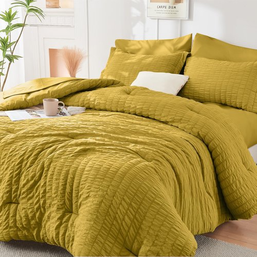 HYMOKEGE Mustard Yellow Full Size Comforter Sets Seersucker 7 Pieces, All Season Luxury Bed in a Bag for Bedroom, Bedding Set with Comforter, Sheets, Pillowcases & Shams