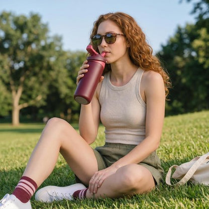 Insulated Water Bottle by [Brand Name] | 18 oz Stainless Steel, 2-in-1 Straw & Push-Button Lid - Keeps Drinks Cold for 24 Hours, BPA-Free, Leak-Proof, Perfect for Sports & Travel, Red