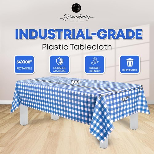 Grandipity Premium Disposable Plastic Picnic Tablecloth - Blue Checkered Gingham | 54" x 108" Size