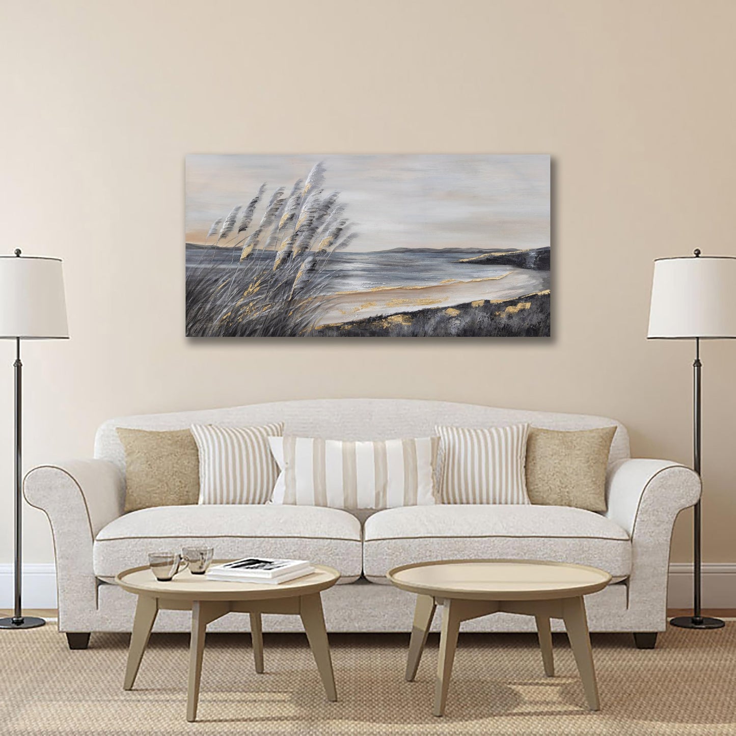 Yuaxker Ocean Wall Art Grey and Gold Ocean Art Canvas Painting Prints for Wall Decor Aesthetic for Living Room, Bedroom, Dining Room Office Home Artwork 20x40 inch