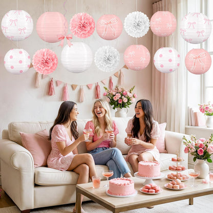 Skiennix 15-Piece Pink Bow Birthday Party Decorations - Paper Lanterns for Girls' Baby Showers