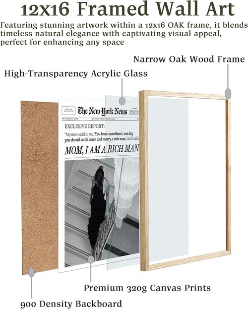 EcoHest Framed Wall Art - Trendy Newspaper Canvas Print | 12x16 in Oak Wood, Beige Logs for Dorm Decor